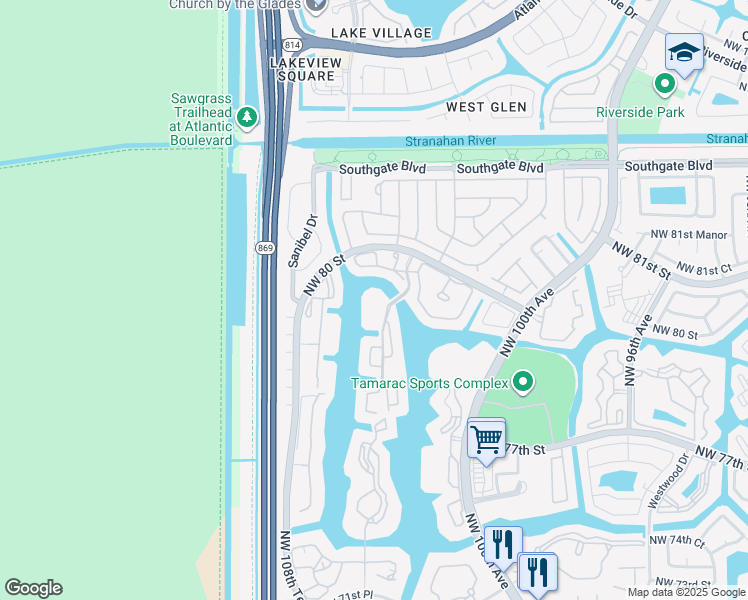 map of restaurants, bars, coffee shops, grocery stores, and more near 7759 Granville Drive in Tamarac