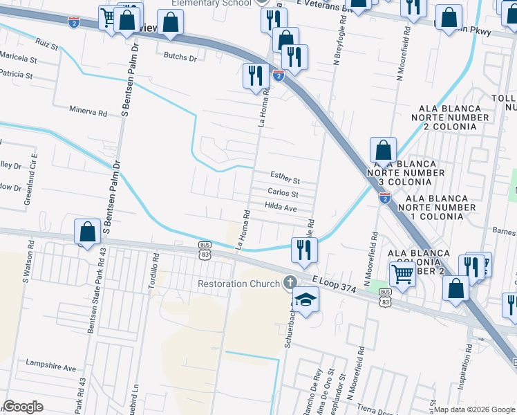 map of restaurants, bars, coffee shops, grocery stores, and more near 954 South La Homa in Mission