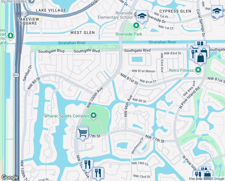 map of restaurants, bars, coffee shops, grocery stores, and more near 8050 North Nob Hill Road in Tamarac