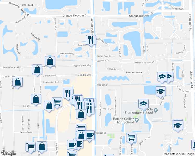 map of restaurants, bars, coffee shops, grocery stores, and more near 2718 Fountainview Circle in Naples