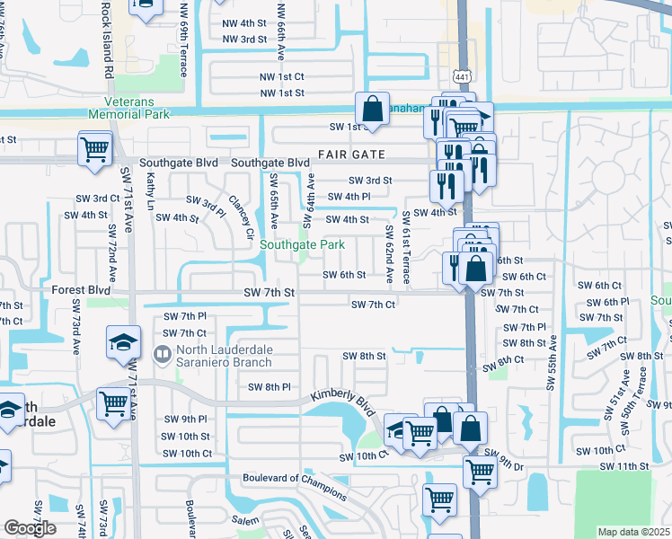 map of restaurants, bars, coffee shops, grocery stores, and more near 6320 Southwest 6th Street in Margate