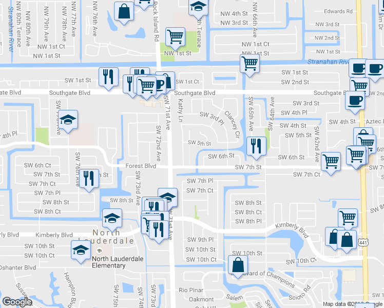 map of restaurants, bars, coffee shops, grocery stores, and more near 674 Kathy Court in Margate