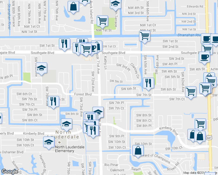 map of restaurants, bars, coffee shops, grocery stores, and more near 674 Kathy Court in Margate