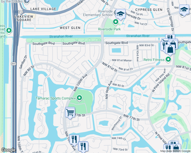 map of restaurants, bars, coffee shops, grocery stores, and more near 8050 North Nob Hill Road in Tamarac