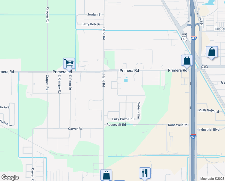 map of restaurants, bars, coffee shops, grocery stores, and more near 23096 Royal Palm Circle in Harlingen