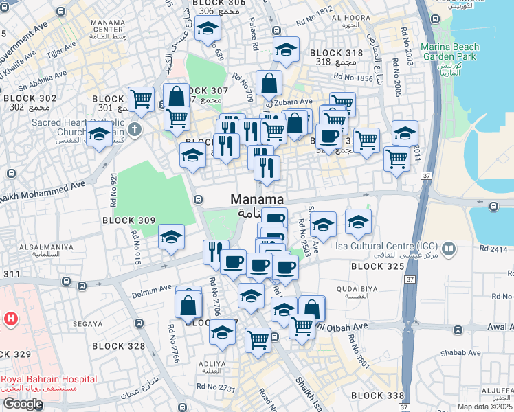 map of restaurants, bars, coffee shops, grocery stores, and more near Qudaibiya Avenue in Manama