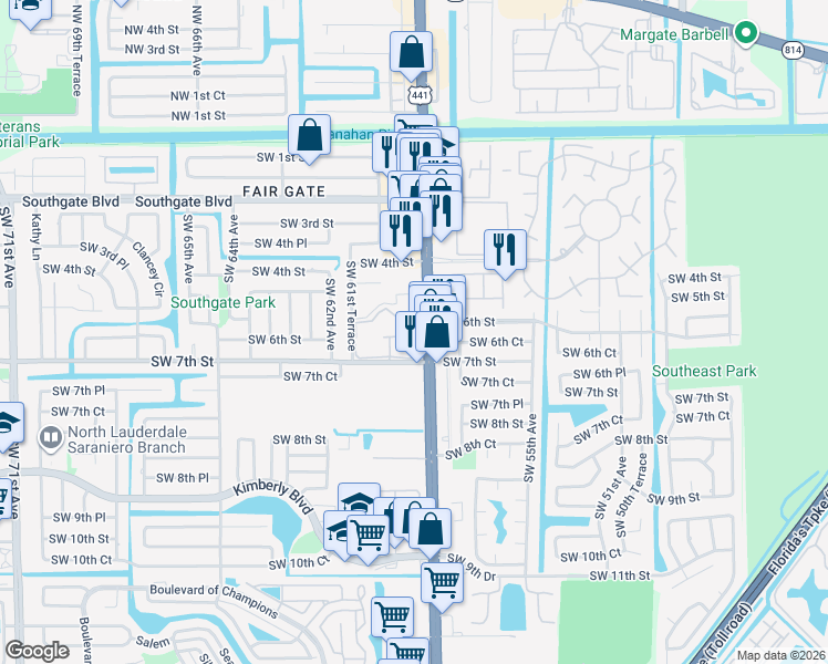 map of restaurants, bars, coffee shops, grocery stores, and more near 611 South State Road 7 in Margate