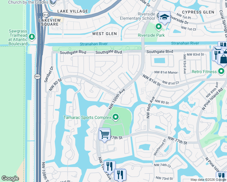 map of restaurants, bars, coffee shops, grocery stores, and more near 10116 Lombardy Drive in Tamarac