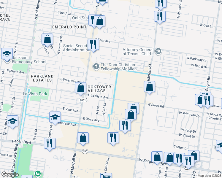 map of restaurants, bars, coffee shops, grocery stores, and more near 2412 North J Street in McAllen