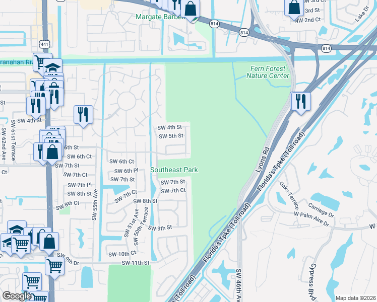 map of restaurants, bars, coffee shops, grocery stores, and more near 655 Southwest 50th Avenue in Margate