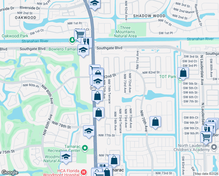 map of restaurants, bars, coffee shops, grocery stores, and more near 7400 Northwest 81st Street in Tamarac