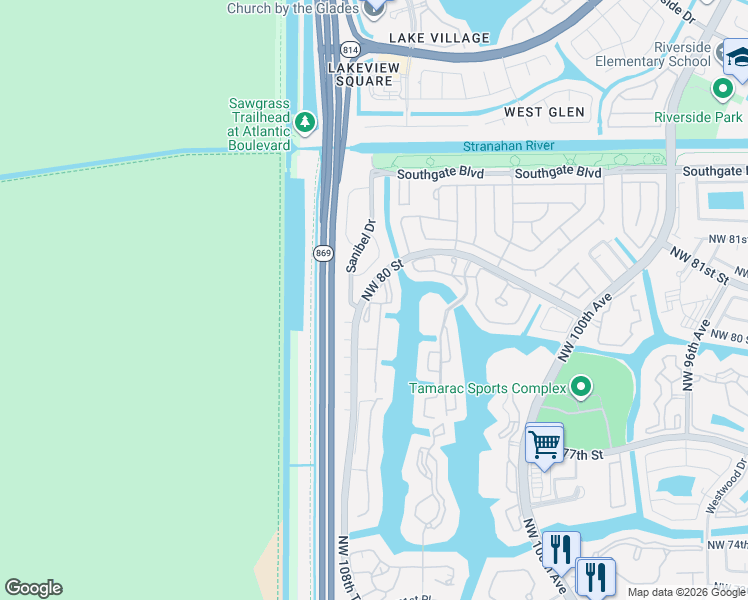 map of restaurants, bars, coffee shops, grocery stores, and more near 7715 Trent Drive in Tamarac
