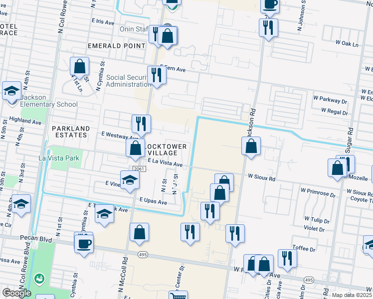 map of restaurants, bars, coffee shops, grocery stores, and more near 2412 North J Street in McAllen