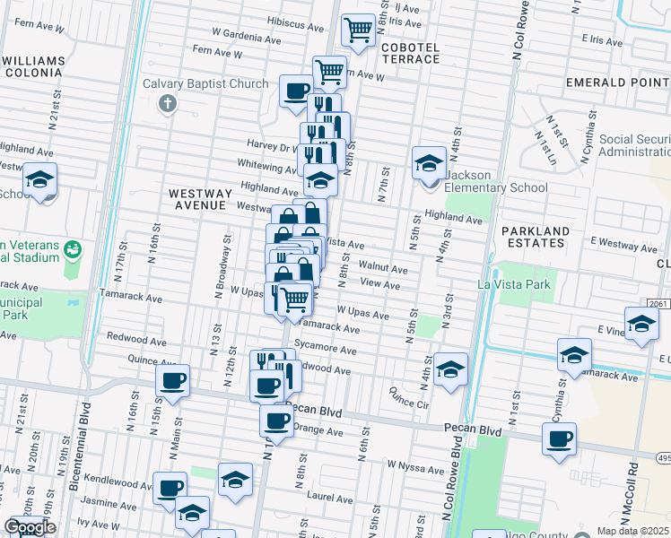 map of restaurants, bars, coffee shops, grocery stores, and more near 807 Walnut Avenue in McAllen
