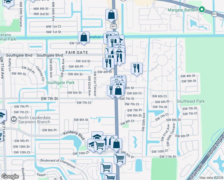 map of restaurants, bars, coffee shops, grocery stores, and more near 611 South State Road 7 in Margate
