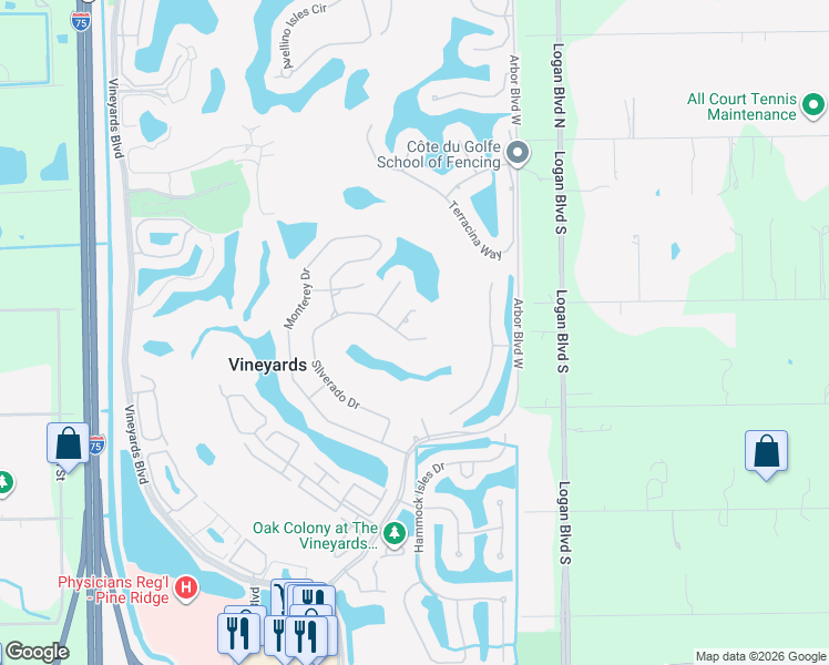 map of restaurants, bars, coffee shops, grocery stores, and more near 258 Silverado Drive in Naples