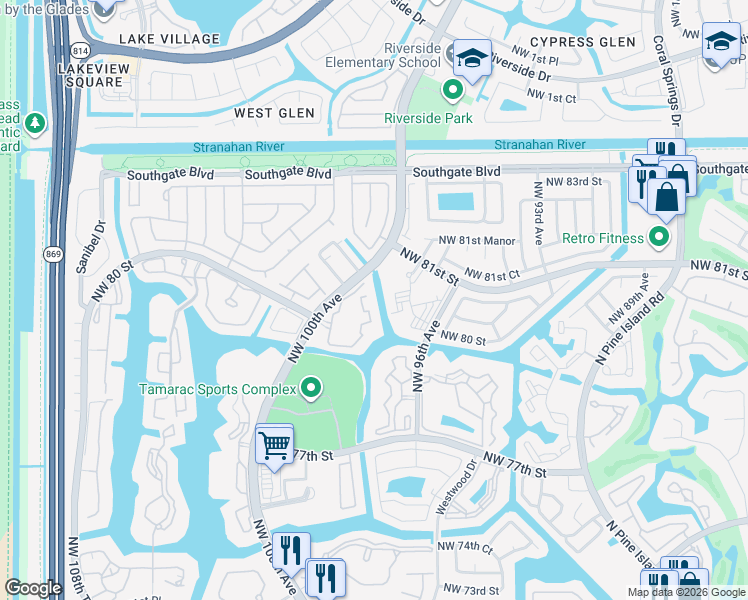 map of restaurants, bars, coffee shops, grocery stores, and more near 8060 North Nob Hill Road in Tamarac