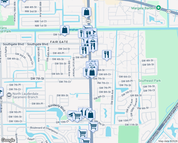map of restaurants, bars, coffee shops, grocery stores, and more near in Margate