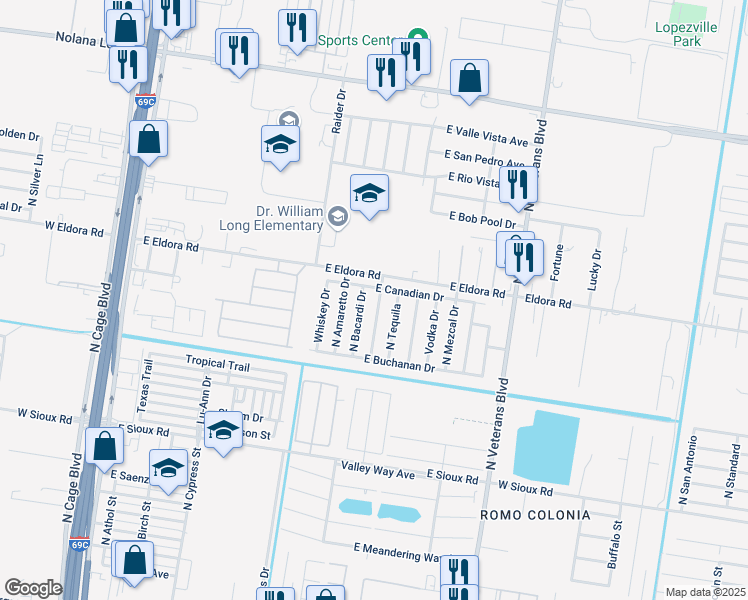 map of restaurants, bars, coffee shops, grocery stores, and more near 3503 North Bacardi Drive in Pharr
