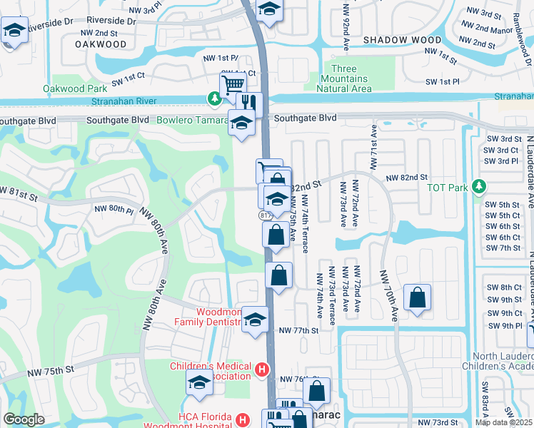map of restaurants, bars, coffee shops, grocery stores, and more near 8171 North University Drive in Tamarac