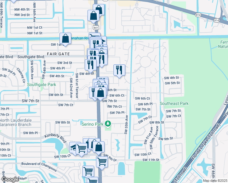 map of restaurants, bars, coffee shops, grocery stores, and more near 5542 Southwest 6th Court in Margate