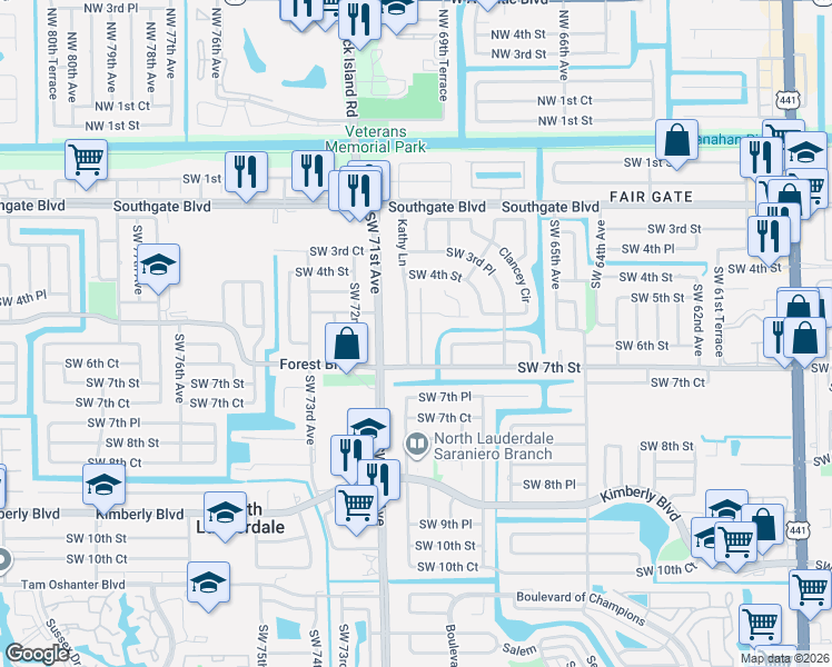 map of restaurants, bars, coffee shops, grocery stores, and more near 674 Kathy Court in Margate