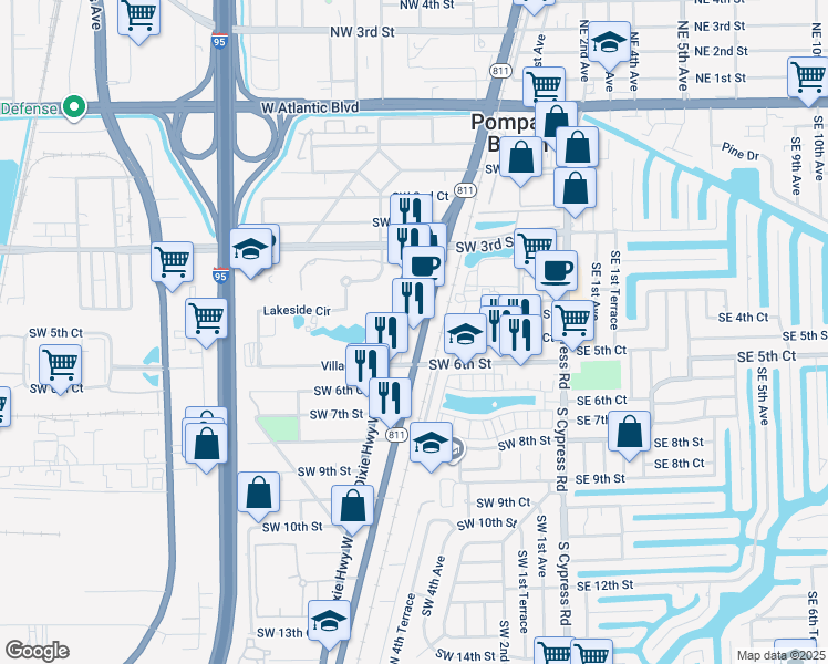 map of restaurants, bars, coffee shops, grocery stores, and more near 552 South Dixie Highway East in Pompano Beach