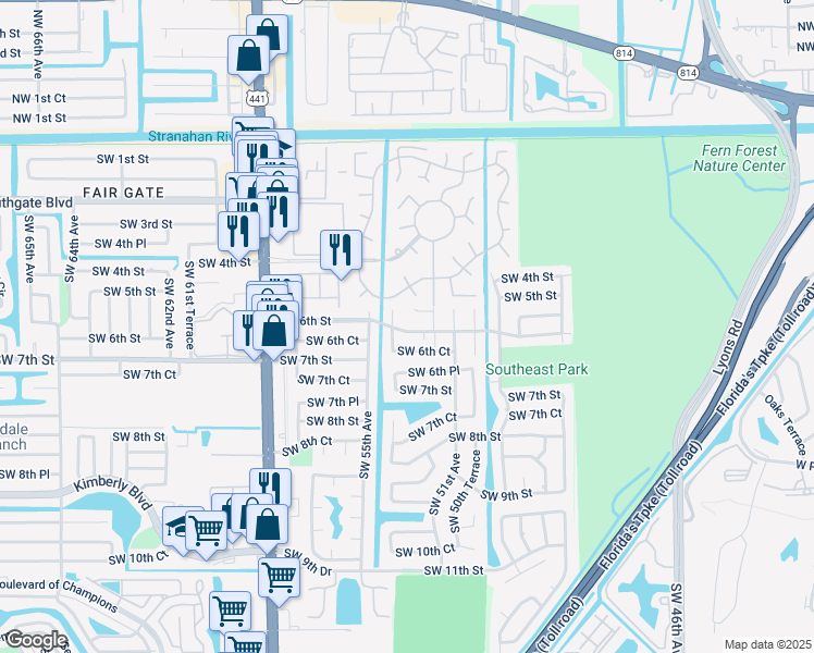 map of restaurants, bars, coffee shops, grocery stores, and more near 5181 Southwest 6th Court in Margate