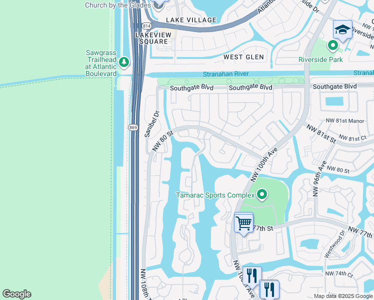 map of restaurants, bars, coffee shops, grocery stores, and more near 7759 Granville Drive in Tamarac