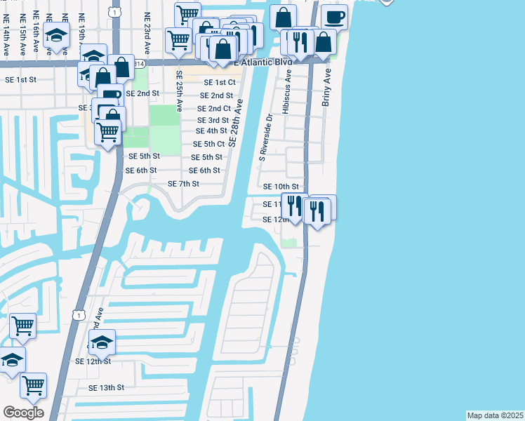 map of restaurants, bars, coffee shops, grocery stores, and more near 3208 Southeast 12th Street in Pompano Beach