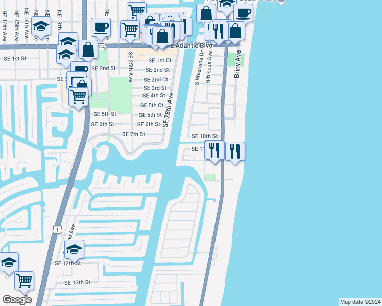 map of restaurants, bars, coffee shops, grocery stores, and more near 3208 Southeast 12th Street in Pompano Beach