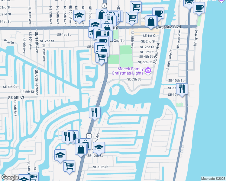 map of restaurants, bars, coffee shops, grocery stores, and more near 500 Circle Drive in Pompano Beach