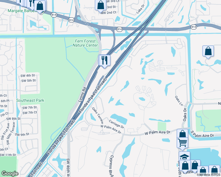 map of restaurants, bars, coffee shops, grocery stores, and more near 704 West Palm Aire Drive in Pompano Beach