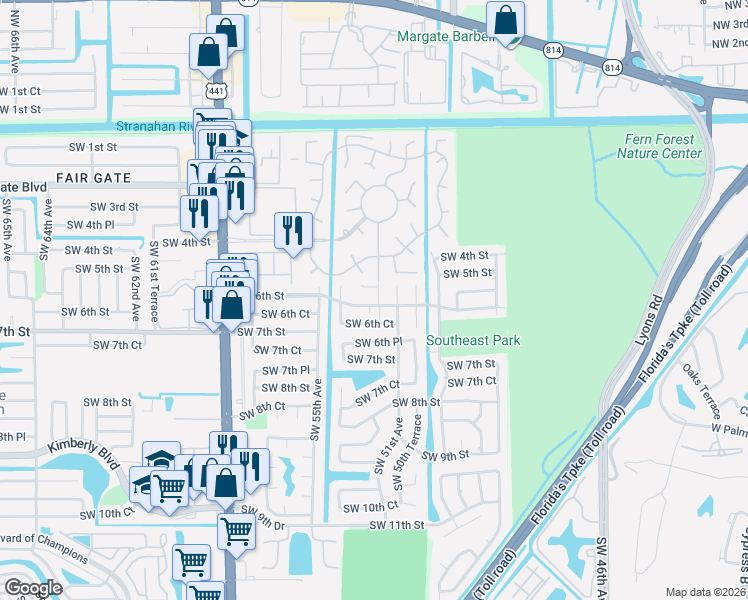 map of restaurants, bars, coffee shops, grocery stores, and more near 5111 Southwest 6th Court in Margate