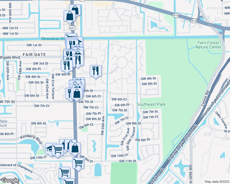 map of restaurants, bars, coffee shops, grocery stores, and more near 5181 Southwest 6th Court in Margate