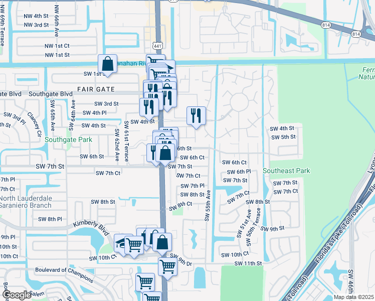 map of restaurants, bars, coffee shops, grocery stores, and more near 5542 Southwest 6th Court in Margate