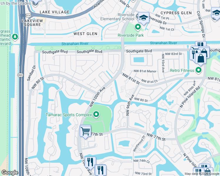 map of restaurants, bars, coffee shops, grocery stores, and more near 8050 North Nob Hill Road in Tamarac