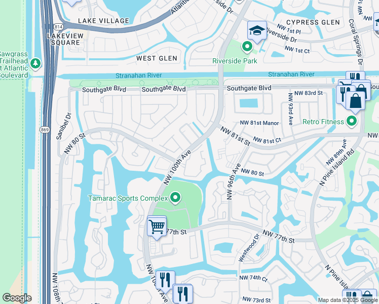 map of restaurants, bars, coffee shops, grocery stores, and more near 8000 North Nob Hill Road in Tamarac