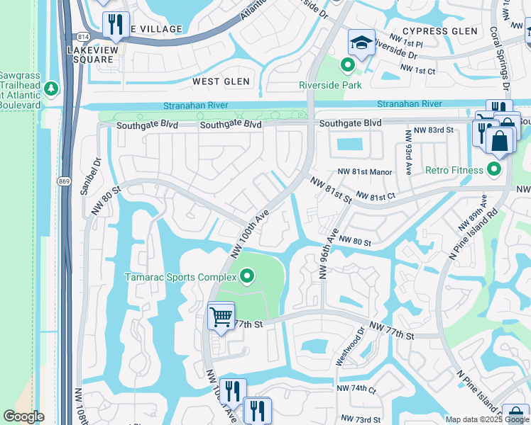 map of restaurants, bars, coffee shops, grocery stores, and more near 8000 North Nob Hill Road in Tamarac