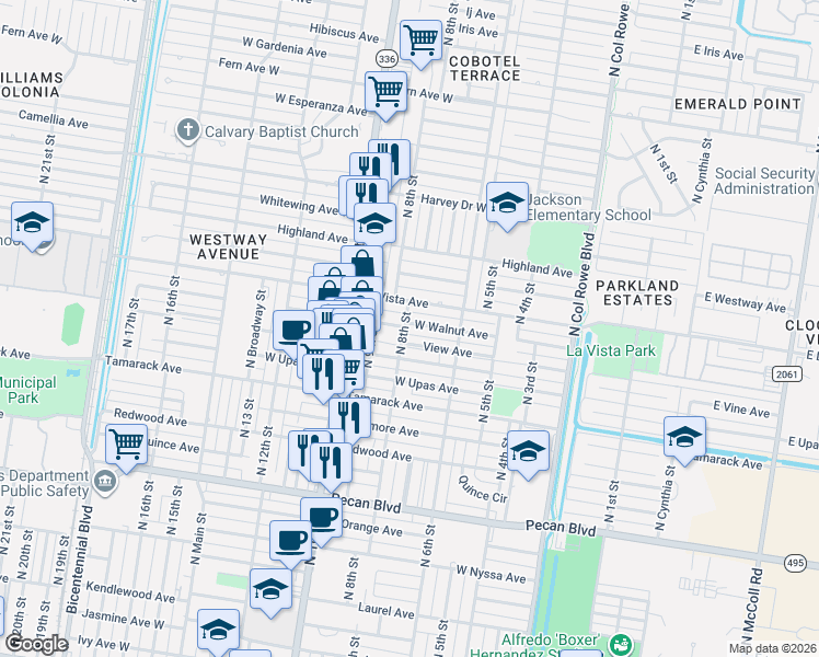 map of restaurants, bars, coffee shops, grocery stores, and more near 2201 North 8th Street in McAllen