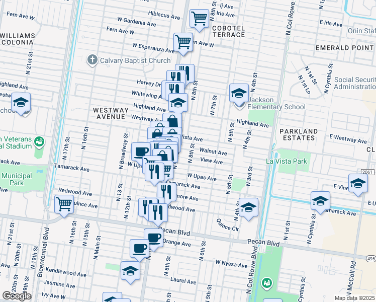 map of restaurants, bars, coffee shops, grocery stores, and more near 2201 North 8th Street in McAllen