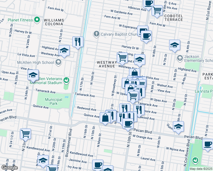 map of restaurants, bars, coffee shops, grocery stores, and more near 2112 North Main Street in McAllen