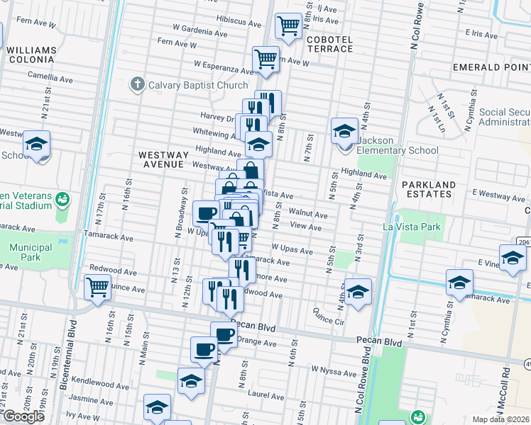 map of restaurants, bars, coffee shops, grocery stores, and more near 815 Walnut Avenue in McAllen