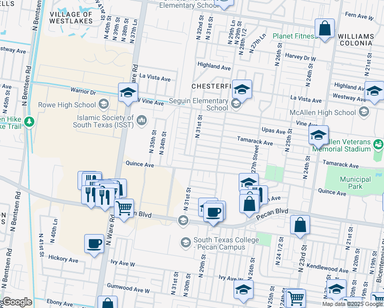 map of restaurants, bars, coffee shops, grocery stores, and more near 3100 Quince Avenue in McAllen