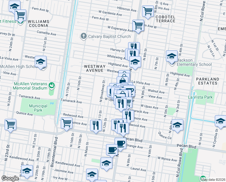 map of restaurants, bars, coffee shops, grocery stores, and more near 2110 North 12th Street in McAllen
