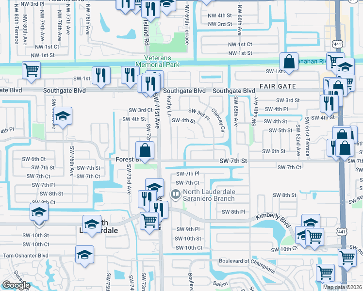 map of restaurants, bars, coffee shops, grocery stores, and more near 674 Kathy Court in Margate