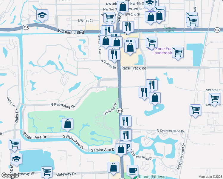 map of restaurants, bars, coffee shops, grocery stores, and more near 2600 North Palm Aire Drive in Pompano Beach