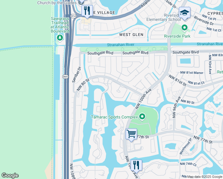 map of restaurants, bars, coffee shops, grocery stores, and more near 7808 Exeter Boulevard East in Tamarac