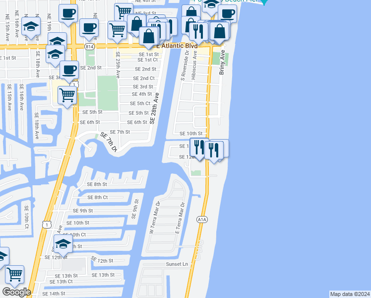 map of restaurants, bars, coffee shops, grocery stores, and more near 3214 Southeast 11th Street in Pompano Beach