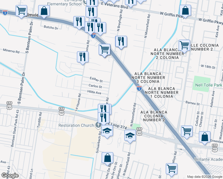 map of restaurants, bars, coffee shops, grocery stores, and more near 723 Breyfogle Road in Mission